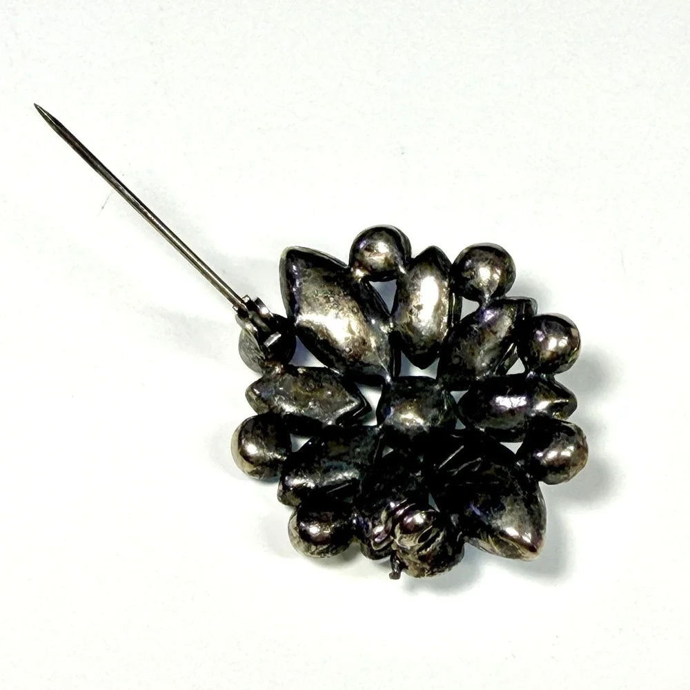 Vintage 80s Liz Claiborne Floral Brooch Blue Mint Milk Glass Rhinestone Cluster